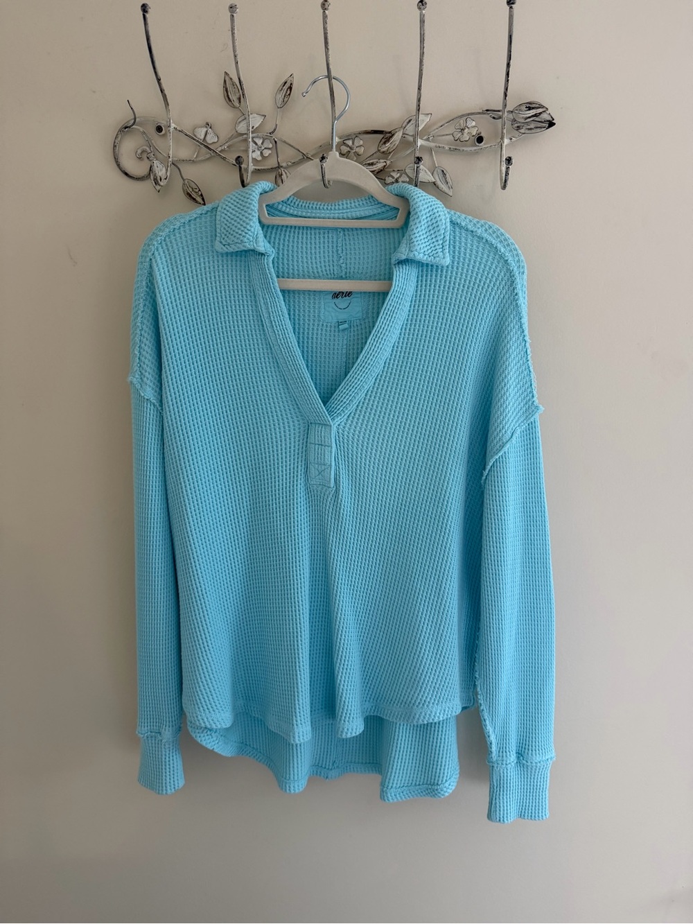 aerie Aqua Waffle Knit Henley Top